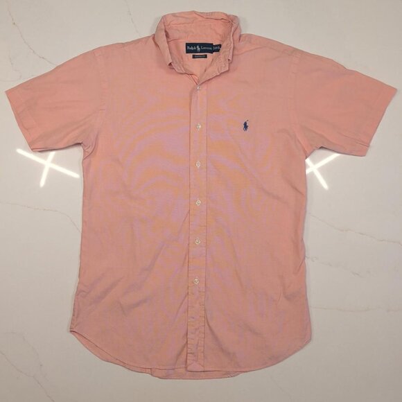 Ralph Lauren Sz 16.5 L Button Down Shirt Men Short Sleeve Pink Salmon Polo Golf - Picture 3 of 10